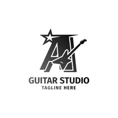 letter A electric guitar and star decoration vector logo design element