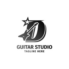 letter D electric guitar and star decoration vector logo design element