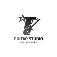 letter T electric guitar and star decoration vector logo design element