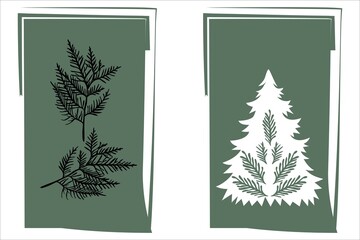 Set of windy winter simple cards from fir branches, decorative background