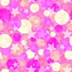 Stars and balls seamless pattern. Christmas confetti print. New year magic pink background 