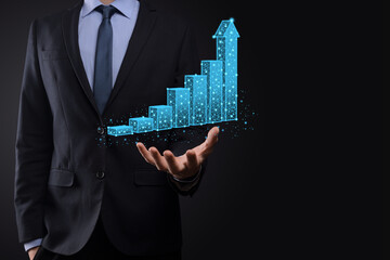 Business man holding 3D graphs low polygonal and stock market statistics gain profits. Concept of growth planning,business strategy.economic growing concept.Business strategy. Digital marketing.