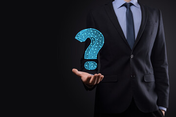 Question mark. 3d abstract on dark background with dots and stars. Ask symbol. Help support, faq...