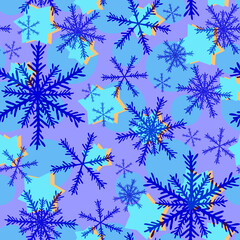 Glowing stars and blue snowflakes on a purple background, seamless Christmas pattern. Confetti print. 