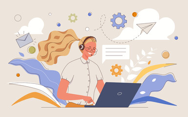 Customer service representative, hotline operators advise clients. Call processing system. Vector flat cartoon illustration with people characters.
