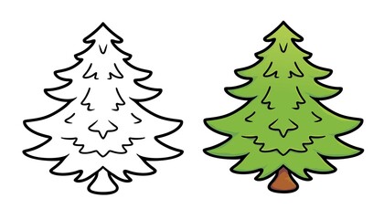 Vector illustration of cute spruce tree on the white background. Black outline cartoon design. For coloring book, children game, education activity, drawing pastime, preschool painting task.