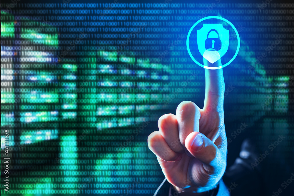 Poster server hardware protection. hand presses button virtual screen. lock symbolizes protection of networ