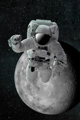 Astronaut in outer open space over the planet .Stars provide the background.erforming a space above planet Earth.Sunrise,sunset.Our home. ISS.Elements of this Image Furnished by NASA.