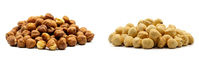Hazelnut kernel isolated on white background. Snack fresh Peeled hazelnuts. close up