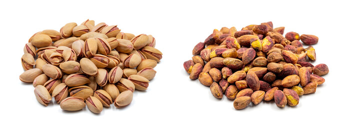 Shelled pistachios and pistachio kernels isolated on white background. close-up nuts