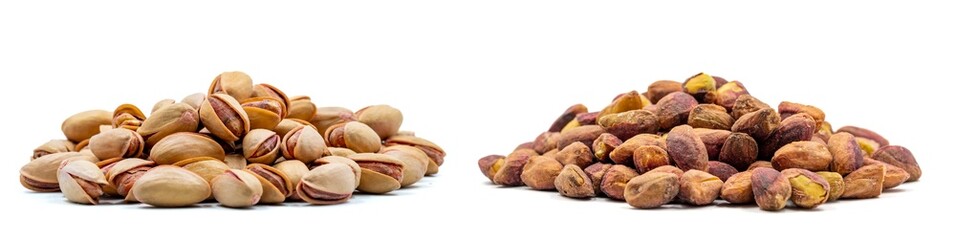 Shelled pistachios and pistachio kernels isolated on white background. close-up nuts