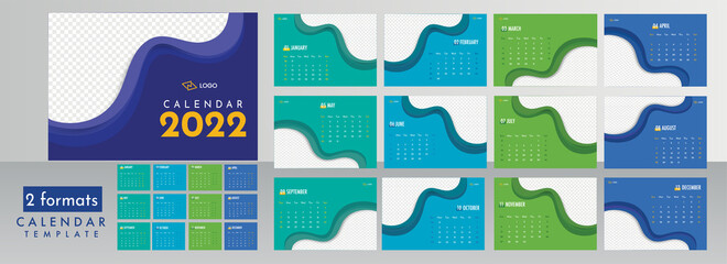 Complete Set Of 12 Months Abstract Calendar Design With Copy Space In Two Formats.