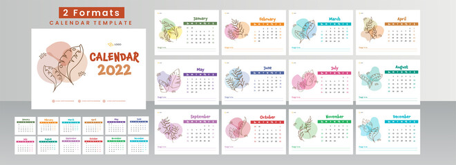 Fototapeta na wymiar 2 Formats Complete Set Of 2022 Yearly Calendar Design With Watercolor Effect And Linear Leaves.