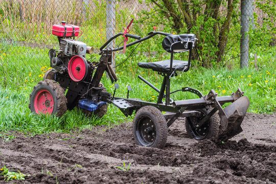 Gasoline cultivator with plow makes furrow in soil for plantation. Walk-behind tractor trolley in the garden.