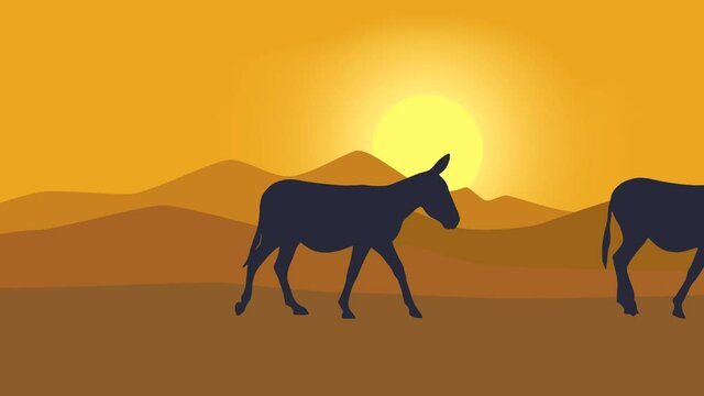 Desert landscape with sun, mountains and walking donkeys (animation, seamless loop)