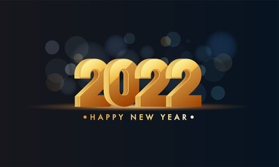 3D Golden 2022 Number With Bokeh Effect On Black Background For Happy New Year Concept.