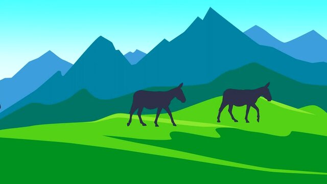 Beautiful landscape with mountains and walking donkeys (animation, seamless loop)