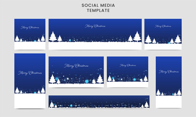 Social Media Template And Header Set With Xmas Trees On Blue And White Bokeh Light Effect Background For Merry Christmas Concept.