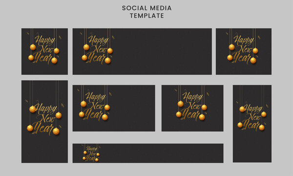 Social Media Template And Header Collection With Happy New Year Font Written By Golden Brush, Baubles Hang On Black Background.