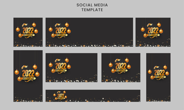 Social Media Template And Header Set With Golden 2022 Font, 3D Baubles Hang On Black Bokeh Background.