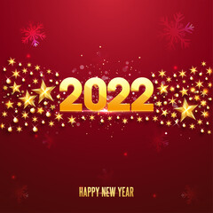 Golden 2022 Happy New Year Font With Shiny Stars, Snowflakes On Red Light Effect Background.