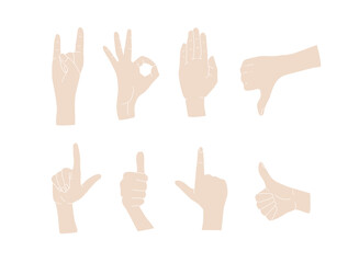 Gesture of hands. Colored hand gestures. Isolated flat vector.