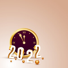 3D 2022 Number With Wall Clock, Realistic Golden Baubles On Glossy Peach Background.