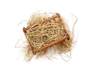 Wooden manger with hay on white background