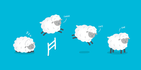 Count sheep before bed. Good night concept. Cute sheep are jumping over the fence. Vector flat illustration. © jenny on the moon