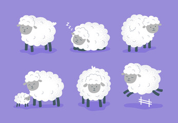 Set of cartoon sheep. Funny animals. Cute sheep stand, jump, and sleep. Vector flat illustrations.