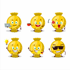 Yellow candy wrap cartoon character with various types of business emoticons