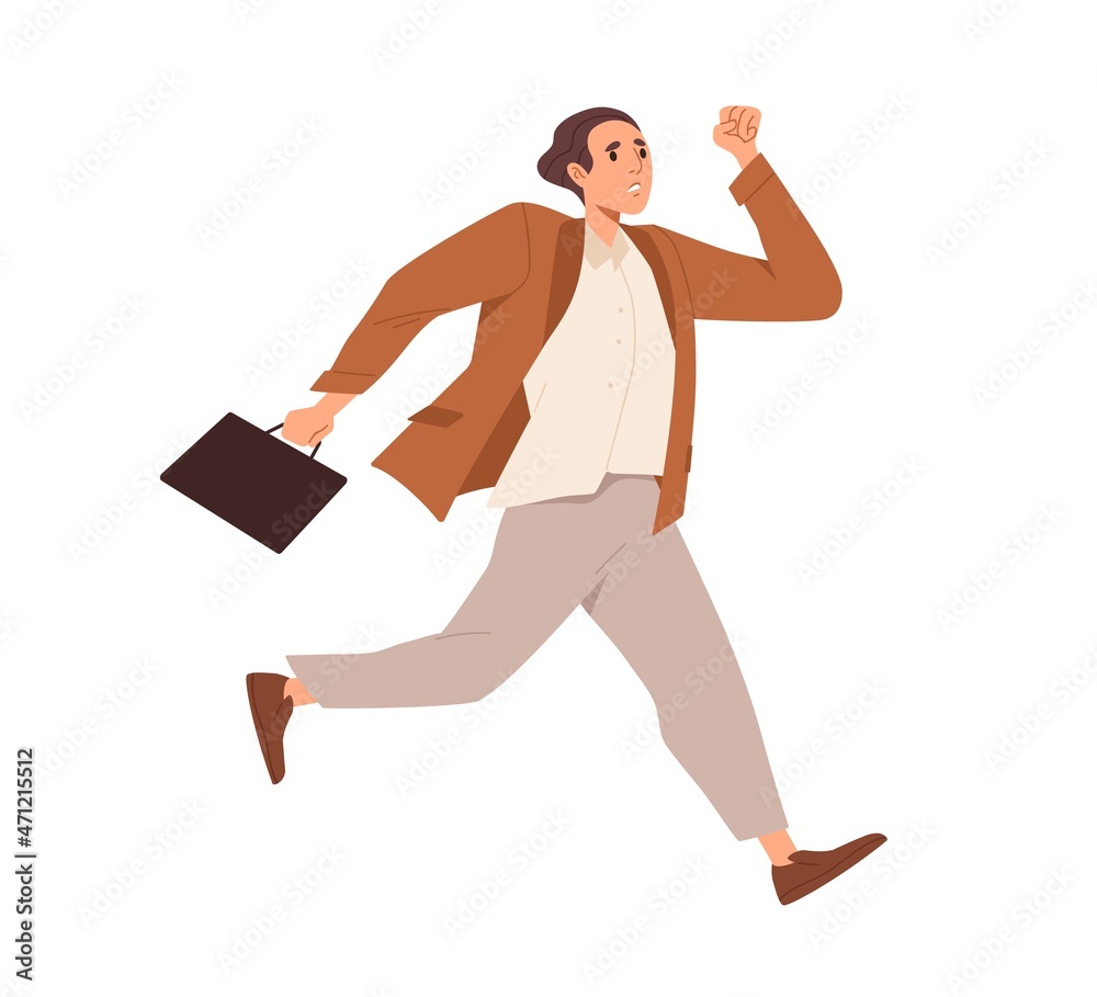 Poster Office worker running fast, hurrying to be in time at work. Busy employee rushing. Stressed man is late with deadlines of urgent businesses. Flat vector illustration isolated on white background