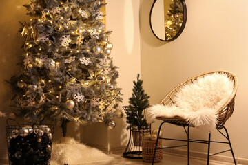 Interior of modern living room with Christmas tree