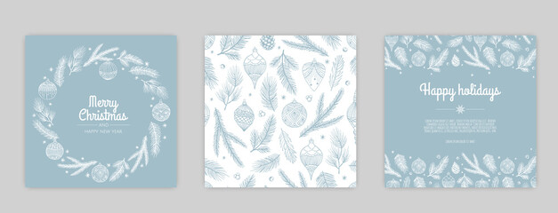 Merry Christmas artistic templates. Corporate Holiday cards and invitations. Floral frames and backgrounds design.