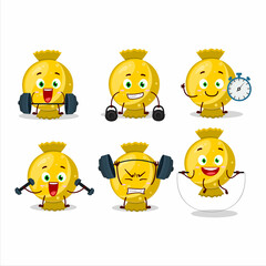 A healthy yellow candy wrap cartoon style trying some tools on Fitness center