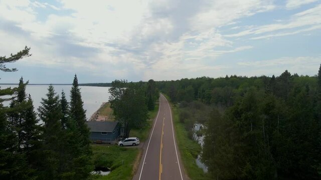 Lake front drive by Lake superior in Madeline island wiscosin during summer