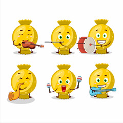 Cartoon character of yellow candy wrap playing some musical instruments