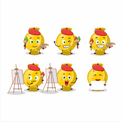 Artistic Artist of yellow candy wrap cartoon character painting with a brush