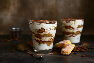 Tiramisu - traditional italian coffee dessert from mascarpone cheese and biscuit.