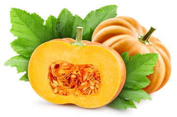 Pumpkin vegetable and green leaves isolated on white background