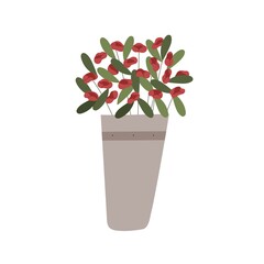 Flower bunch in vase. Blooming floral bouquet in bucket. Fresh cut pretty buds with leaves. Gorgeous summer flora for sale. Romantic gift. Flat vector illustration isolated on white background