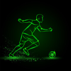 Soccer player dribbling with ball, side view. Vector Football sport green neon illustration.
