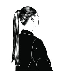 Girl with a high long ponytail in leather jacket. Modern trend. Luxurious shiny hair. Illustration for brochures, business cards, templates, posters, stickers, t-shirts.