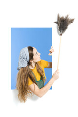 Housewife cleaning copy space with a feather duster