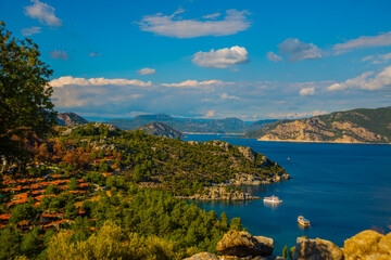 MARMARIS, TURKEY: Top view of the bay and Marmaris from the ruins of the ancient city of Amos.