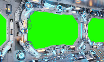 White spaceship interior with isolated window. Futuristic spacecraft with glowing blue and red control panels and empty view. 3D rendering © sdecoret