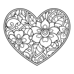Mehndi flower pattern in form of heart for Henna drawing and tattoo. Decoration in ethnic oriental, Indian style. Valentine's day greetings. Coloring book page.