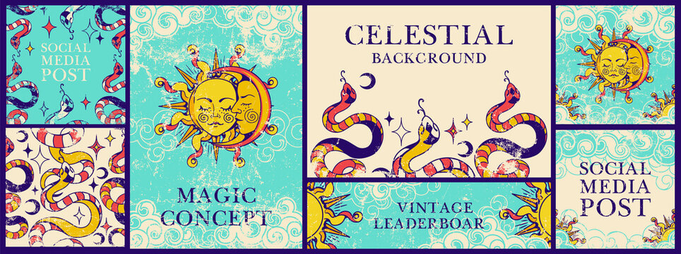 Templates, leaderboard, frames for quotes or promotion, banners, social media posts. Vintage esoteric mystical theme