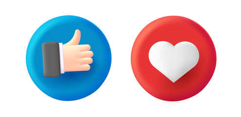 3d icons, volume thumb up gesture and heart as likes on red and blue circles