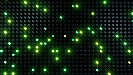 3d render. 3d abstract dark geometric bg with gray cubes flash with green neon light randomly. Cubes form a flat structure. Creative simple motion design bg with 3d objects